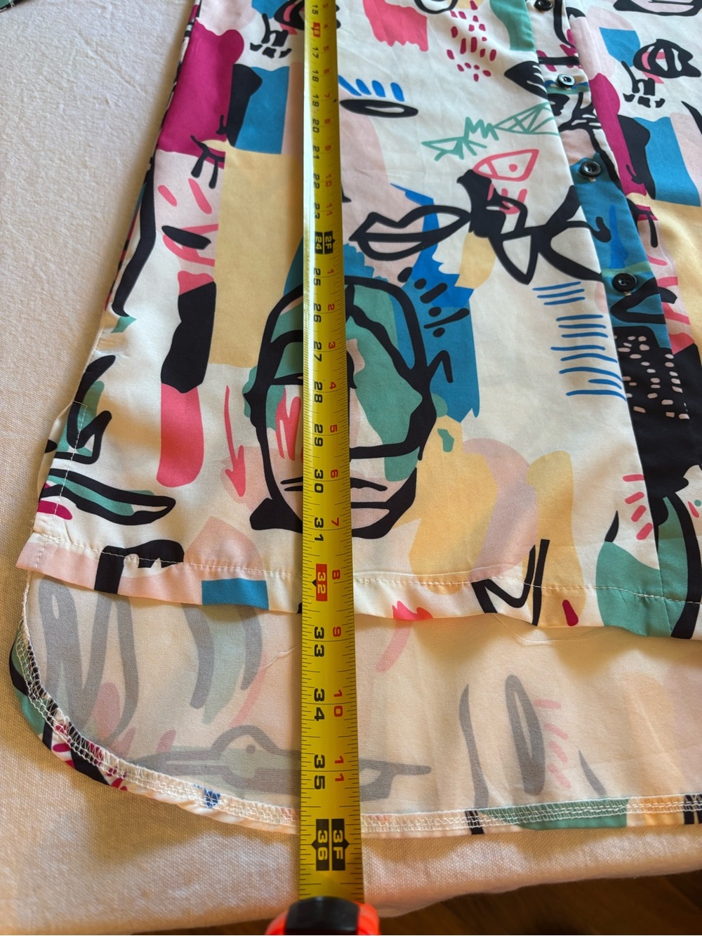Abstract Face Print High-Low Button-Front Dress - White/Multi - Picture 4 of 7